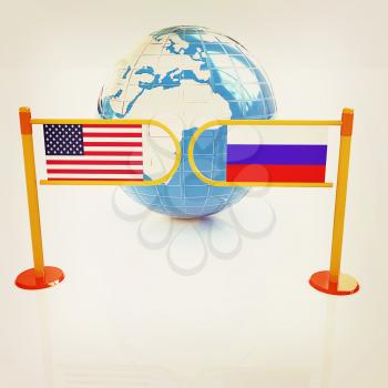 Three-dimensional image of the turnstile and flags of USA and Russia on a white background . 3D illustration. Vintage style.