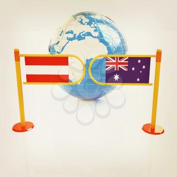 Three-dimensional image of the turnstile and flags of Australia and Austria on a white background . 3D illustration. Vintage style.