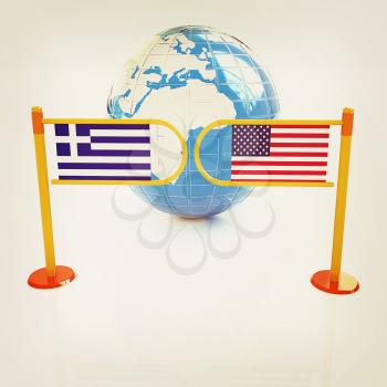 Three-dimensional image of the turnstile and flags of USA and Greece on a white background . 3D illustration. Vintage style.