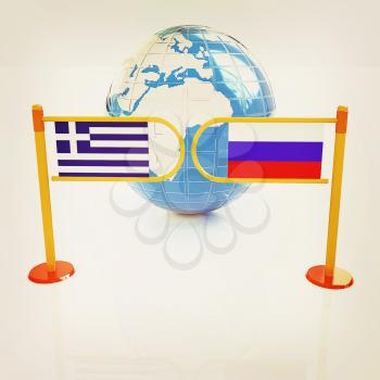 Three-dimensional image of the turnstile and flags of Russia and Greece on a white background . 3D illustration. Vintage style.