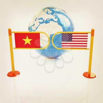 Three-dimensional image of the turnstile and flags of USA and Vietnam on a white background . 3D illustration. Vintage style.