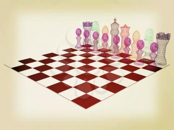 Chessboard with chess pieces. 3D illustration. Vintage style.