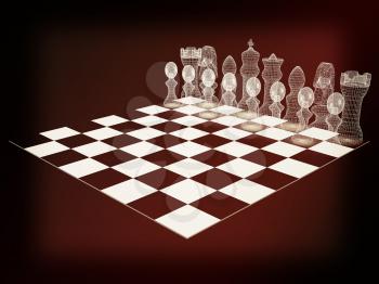 Chessboard with chess pieces. 3D illustration. Vintage style.