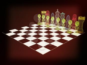 Chessboard with chess pieces. 3D illustration. Vintage style.