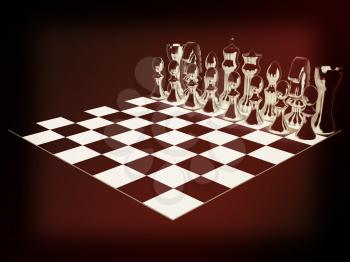 Chessboard with chess pieces. 3D illustration. Vintage style.