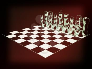 Chessboard with chess pieces. 3D illustration. Vintage style.