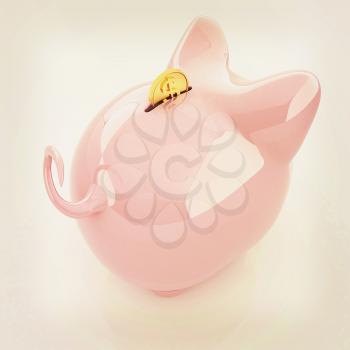 Piggy bank with gold coin on white. 3D illustration. Vintage style.