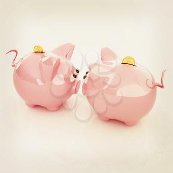 Piggy bank with gold coin on white. 3D illustration. Vintage style.