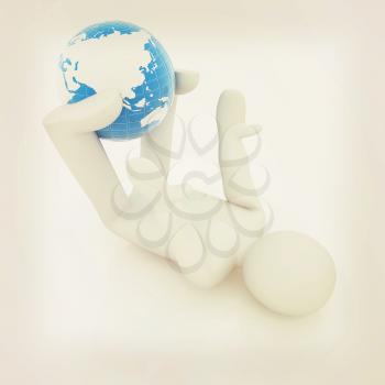 3d man exercising position on Earth - fitness ball. My biggest Global pilates series. 3D illustration. Vintage style.