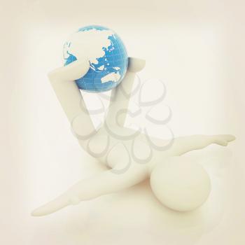 3d man exercising position on Earth - fitness ball. My biggest Global pilates series. 3D illustration. Vintage style.