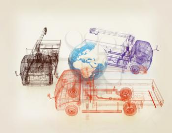 3d model truck and Earth. Global concept. 3D illustration. Vintage style.