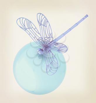 Dragonfly on abstract design sphere. 3D illustration. Vintage style.