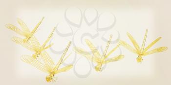 Dragonflies. 3D illustration. Vintage style.