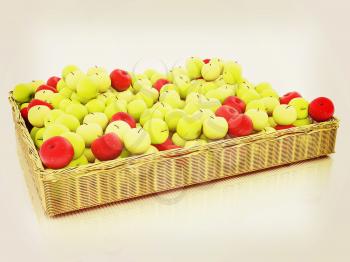 Wicker basket full of apples isolated on white. 3D illustration. Vintage style.