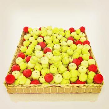 Wicker basket full of apples isolated on white. 3D illustration. Vintage style.