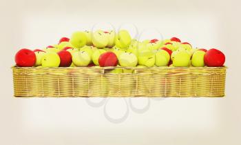 Wicker basket full of apples isolated on white. 3D illustration. Vintage style.