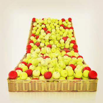 Wicker basket full of apples isolated on white. 3D illustration. Vintage style.