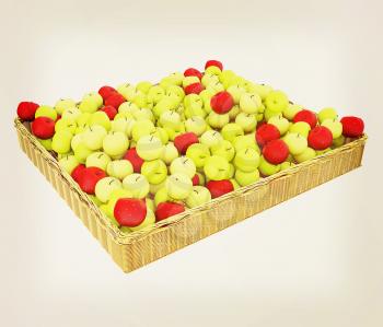 Wicker basket full of apples isolated on white. 3D illustration. Vintage style.