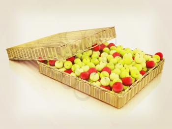 Wicker basket full of apples isolated on white. 3D illustration. Vintage style.