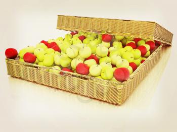 Wicker basket full of apples isolated on white. 3D illustration. Vintage style.