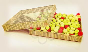 Wicker basket full of apples isolated on white. 3D illustration. Vintage style.