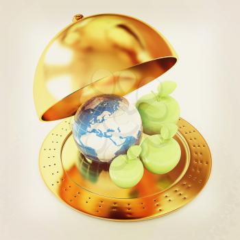 Earth and apples around - from the smallest to largest. Global dieting concept. 3D illustration. Vintage style.