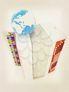 Musical instruments - bayan and Earth. Global musical concept. 3D illustration. Vintage style.