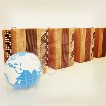 Musical instruments - retro bayans and Earth. 3D illustration. Vintage style.