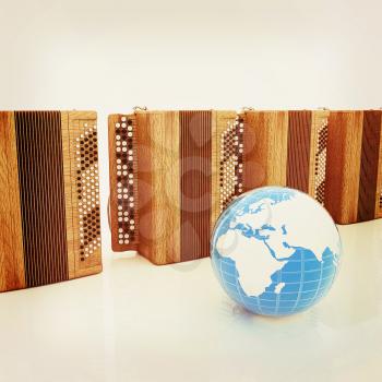 Musical instruments - retro bayans and Earth. 3D illustration. Vintage style.