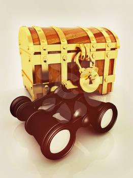 binoculars and chest. 3D illustration. Vintage style.