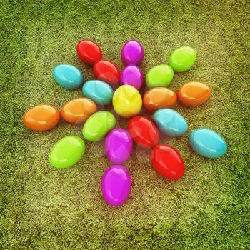 Colored Easter eggs as a flower on a green grass. 3D illustration. Vintage style.