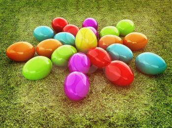 Colored Easter eggs as a flower on a green grass. 3D illustration. Vintage style.