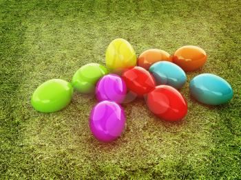 Colored Easter eggs as a flower on a green grass. 3D illustration. Vintage style.