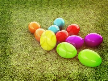 Colored Easter eggs as a flower on a green grass. 3D illustration. Vintage style.