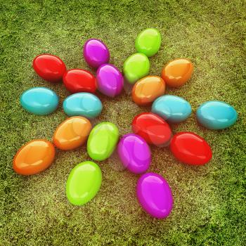 Colored Easter eggs as a flower on a green grass. 3D illustration. Vintage style.