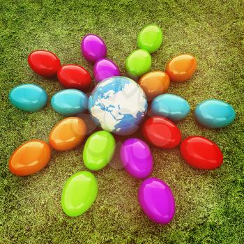 Colored Easter eggs as a flower on a green grass. 3D illustration. Vintage style.