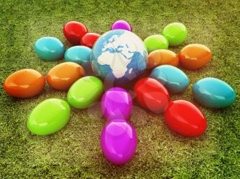 Colored Easter eggs as a flower on a green grass. 3D illustration. Vintage style.