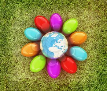 Colored Easter eggs around Earth on a green grass. 3D illustration. Vintage style.