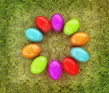 Colored Easter eggs as a flower on a green grass. 3D illustration. Vintage style.