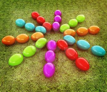 Colored Easter eggs as a flower on a green grass. 3D illustration. Vintage style.