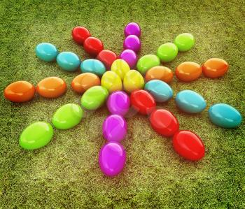 Colored Easter eggs as a flower on a green grass. 3D illustration. Vintage style.