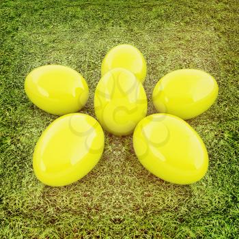 Yellow Easter eggs as a flower on a green grass. 3D illustration. Vintage style.