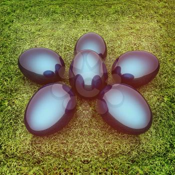 Metallic blue Easter eggs as a flower on a green grass. 3D illustration. Vintage style.