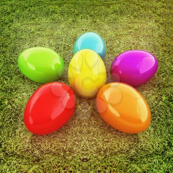 Colored Easter eggs as a flower on a green grass. 3D illustration. Vintage style.