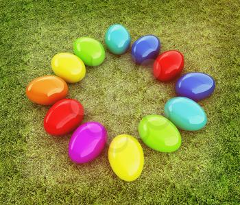 Colored Easter eggs on a green grass. 3D illustration. Vintage style.