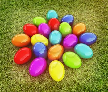 Colored Easter eggs on a green grass. 3D illustration. Vintage style.