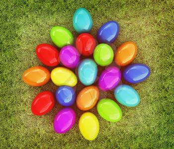 Colored Easter eggs on a green grass. 3D illustration. Vintage style.