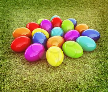 Colored Easter eggs on a green grass. 3D illustration. Vintage style.