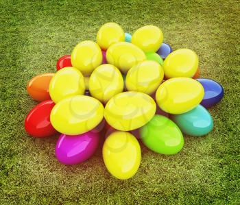 Colored Easter eggs on a green grass. 3D illustration. Vintage style.