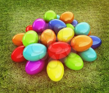 Colored Easter eggs on a green grass. 3D illustration. Vintage style.